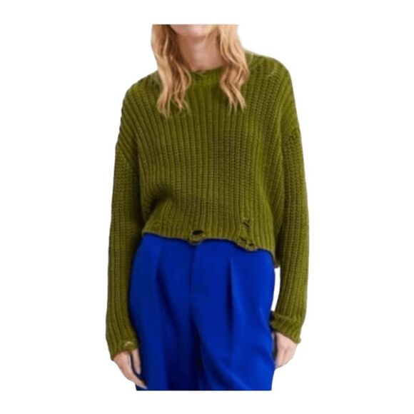 Zara Distressed Crewneck Sweater Olive Green Chunky Knit Long Sleeve S - Picture 2 of 9